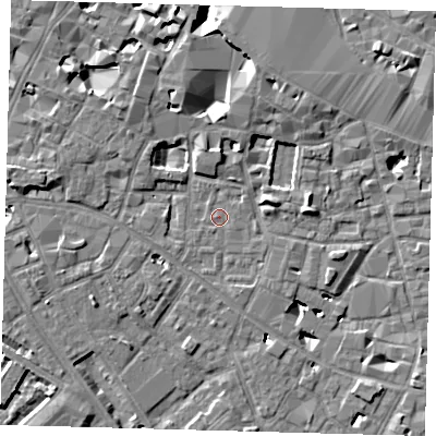 Shaded relief map of the ground around SE13RG, computed from Environment Agency LiDAR. The ground here sits at about 3 m above sea level and falls 10 m across the surrounding 800 m. Surface water reaching this point runs off ground lying to the east-north-east, 4.5 m higher.