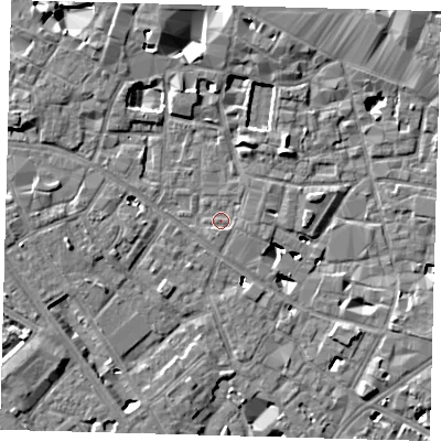 Shaded relief map of the ground around SE13RH, computed from Environment Agency LiDAR. The ground here sits at about 3 m above sea level and falls 6 m across the surrounding 800 m. Surface water reaching this point runs off ground lying to the south-south-west, 0.9 m higher.