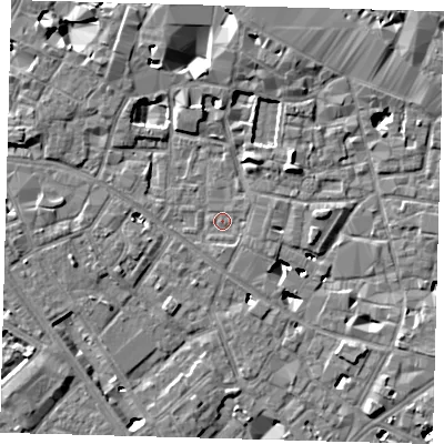 Shaded relief map of the ground around SE13RJ, computed from Environment Agency LiDAR. The ground here sits at about 3 m above sea level and falls 6 m across the surrounding 800 m. Surface water reaching this point runs off ground lying to the south, 1.0 m higher.