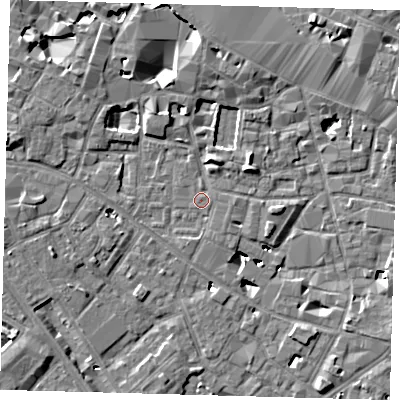 Shaded relief map of the ground around SE13RN, computed from Environment Agency LiDAR. The ground here sits at about 3 m above sea level and falls 6 m across the surrounding 800 m. Surface water reaching this point runs off ground lying to the east, 1.3 m higher.