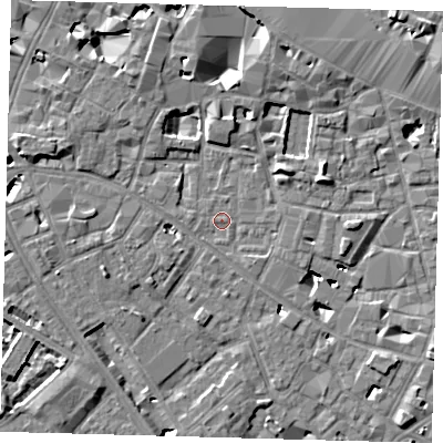 Shaded relief map of the ground around SE13RQ, computed from Environment Agency LiDAR. The ground here sits at about 3 m above sea level and falls 6 m across the surrounding 800 m. Surface water reaching this point runs off ground lying to the north-east, 4.5 m higher.