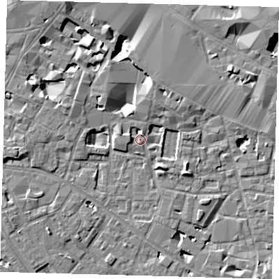Shaded relief map of the ground around SE13RS, computed from Environment Agency LiDAR. The ground here sits at about 3 m above sea level and falls 11 m across the surrounding 800 m. Surface water reaching this point runs off ground lying to the west-north-west, 3.5 m higher.