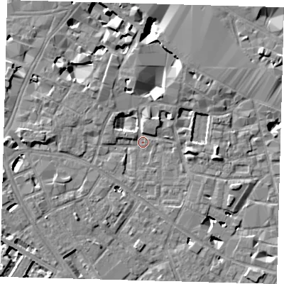 Shaded relief map of the ground around SE13RT, computed from Environment Agency LiDAR. The ground here sits at about 3 m above sea level and falls 10 m across the surrounding 800 m. Surface water reaching this point runs off ground lying to the north-west, 4.2 m higher.