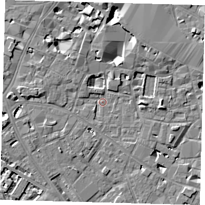 Shaded relief map of the ground around SE13RU, computed from Environment Agency LiDAR. The ground here sits at about 3 m above sea level and falls 10 m across the surrounding 800 m. Surface water reaching this point runs off ground lying to the south-west, 1.5 m higher.