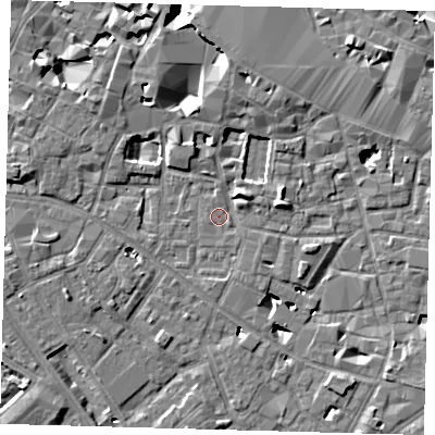 Shaded relief map of the ground around SE13RW, computed from Environment Agency LiDAR. The ground here sits at about 3 m above sea level and falls 9 m across the surrounding 800 m. Surface water reaching this point runs off ground lying to the north-east, 4.5 m higher.