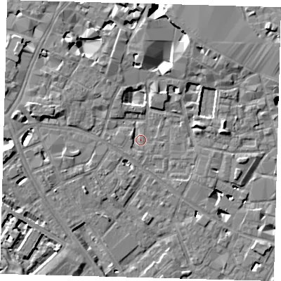 Shaded relief map of the ground around SE13RX, computed from Environment Agency LiDAR. The ground here sits at about 3 m above sea level and falls 10 m across the surrounding 800 m. Surface water reaching this point runs off ground lying to the west-north-west, 1.4 m higher.