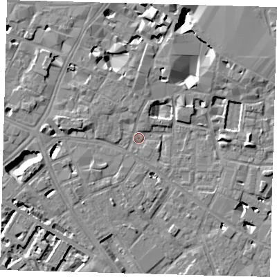 Shaded relief map of the ground around SE13RY, computed from Environment Agency LiDAR. The ground here sits at about 3 m above sea level and falls 10 m across the surrounding 800 m. Surface water reaching this point runs off ground lying to the west-north-west, 2.4 m higher.