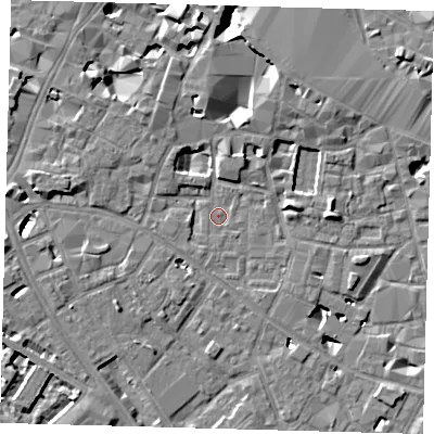 Shaded relief map of the ground around SE13RZ, computed from Environment Agency LiDAR. The ground here sits at about 3 m above sea level and falls 10 m across the surrounding 800 m. Surface water reaching this point runs off ground lying to the west, 1.5 m higher.