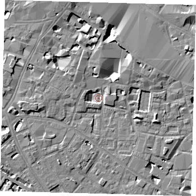 Shaded relief map of the ground around SE13SB, computed from Environment Agency LiDAR. The ground here sits at about 2 m above sea level and falls 10 m across the surrounding 800 m. Surface water reaching this point runs off ground lying to the north-west, 4.2 m higher.