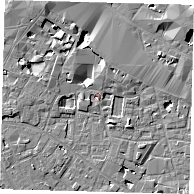 Shaded relief map of the ground around SE13SD, computed from Environment Agency LiDAR. The ground here sits at about 3 m above sea level and falls 11 m across the surrounding 800 m. Surface water reaching this point runs off ground lying to the west-south-west, 3.5 m higher.