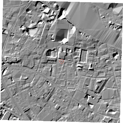 Shaded relief map of the ground around SE13SH, computed from Environment Agency LiDAR. The ground here sits at about 3 m above sea level and falls 10 m across the surrounding 800 m. Surface water reaching this point runs off ground lying to the north-west, 4.2 m higher.