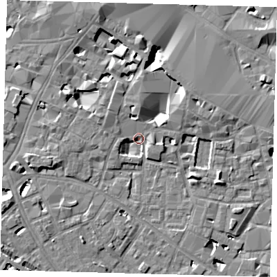 Shaded relief map of the ground around SE13SS, computed from Environment Agency LiDAR. The ground here sits at about 3 m above sea level and falls 10 m across the surrounding 800 m. Surface water reaching this point runs off ground lying to the west-north-west, 4.2 m higher.