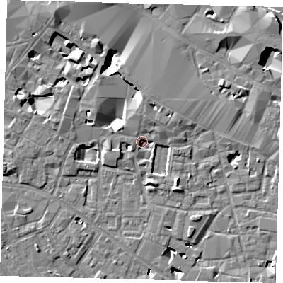 Shaded relief map of the ground around SE13ST, computed from Environment Agency LiDAR. The ground here sits at about 3 m above sea level and falls 12 m across the surrounding 800 m. Surface water reaching this point runs off ground lying to the west-south-west, 3.5 m higher.