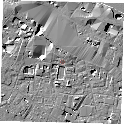 Shaded relief map of the ground around SE13SU, computed from Environment Agency LiDAR. The ground here sits at about 4 m above sea level and falls 12 m across the surrounding 800 m. Surface water reaching this point runs off ground lying to the north-west, 1.8 m higher.