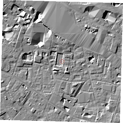 Shaded relief map of the ground around SE13SX, computed from Environment Agency LiDAR. The ground here sits at about 2 m above sea level and falls 11 m across the surrounding 800 m. Surface water reaching this point runs off ground lying to the south-south-east, 3.5 m higher.