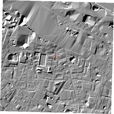 Shaded relief map of the ground around SE13SY, computed from Environment Agency LiDAR. The ground here sits at about 3 m above sea level and falls 27 m across the surrounding 800 m. Surface water reaching this point runs off ground lying to the south-south-west, 3.5 m higher.