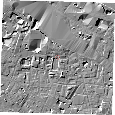 Shaded relief map of the ground around SE13SZ, computed from Environment Agency LiDAR. The ground here sits at about 3 m above sea level and falls 12 m across the surrounding 800 m. Surface water reaching this point runs off ground lying to the south-south-east, 3.5 m higher.