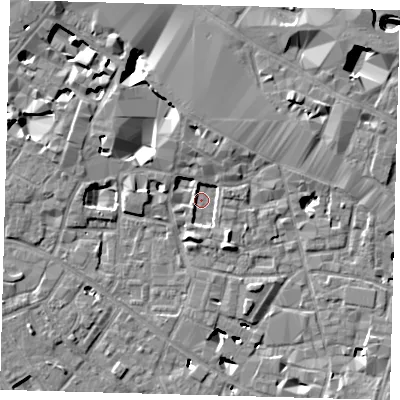 Shaded relief map of the ground around SE13TA, computed from Environment Agency LiDAR. The ground here sits at about 2 m above sea level and falls 11 m across the surrounding 800 m. Surface water reaching this point runs off ground lying to the south-south-east, 3.5 m higher.