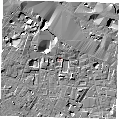 Shaded relief map of the ground around SE13TB, computed from Environment Agency LiDAR. The ground here sits at about 2 m above sea level and falls 12 m across the surrounding 800 m. Surface water reaching this point runs off ground lying to the west-south-west, 3.5 m higher.