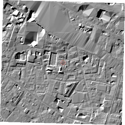 Shaded relief map of the ground around SE13TD, computed from Environment Agency LiDAR. The ground here sits at about 3 m above sea level and falls 10 m across the surrounding 800 m. Surface water reaching this point runs off ground lying to the south-south-west, 4.6 m higher.