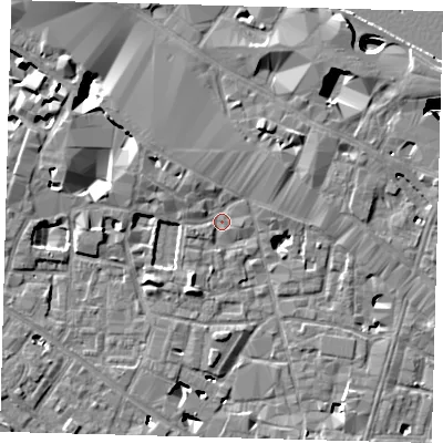 Shaded relief map of the ground around SE13TE, computed from Environment Agency LiDAR. The ground here sits at about 3 m above sea level and falls 27 m across the surrounding 800 m. Surface water reaching this point runs off ground lying to the south-south-west, 3.5 m higher.
