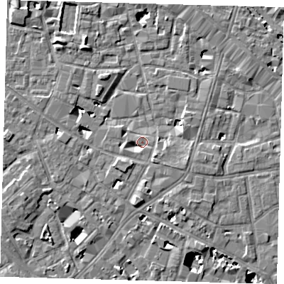 Shaded relief map of the ground around SE13TJ, computed from Environment Agency LiDAR. The ground here sits at about 3 m above sea level and falls 9 m across the surrounding 800 m. Surface water reaching this point runs off ground lying to the south-east, 3.1 m higher.