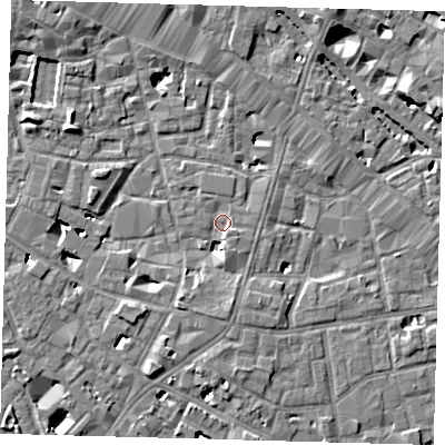 Shaded relief map of the ground around SE13TN, computed from Environment Agency LiDAR. The ground here sits at about 3 m above sea level and falls 7 m across the surrounding 800 m. Surface water reaching this point runs off ground lying to the south, 3.8 m higher.