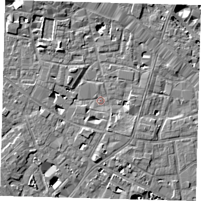 Shaded relief map of the ground around SE13TP, computed from Environment Agency LiDAR. The ground here sits at about 3 m above sea level and falls 9 m across the surrounding 800 m. Surface water reaching this point runs off ground lying to the south-east, 3.8 m higher.