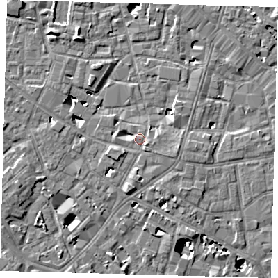 Shaded relief map of the ground around SE13TQ, computed from Environment Agency LiDAR. The ground here sits at about 4 m above sea level and falls 9 m across the surrounding 800 m. Surface water reaching this point runs off ground lying to the east-south-east, 2.3 m higher.