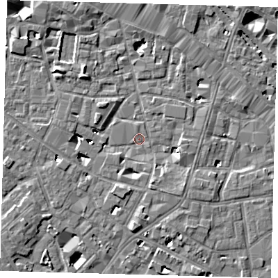Shaded relief map of the ground around SE13TR, computed from Environment Agency LiDAR. The ground here sits at about 3 m above sea level and falls 6 m across the surrounding 800 m. Surface water reaching this point runs off ground lying to the south-east, 4.3 m higher.