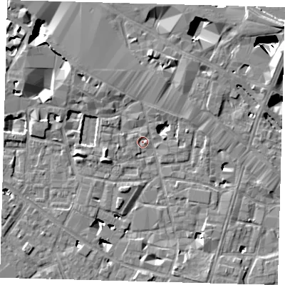 Shaded relief map of the ground around SE13TS, computed from Environment Agency LiDAR. The ground here sits at about 3 m above sea level and falls 28 m across the surrounding 800 m. Surface water reaching this point runs off ground lying to the west-south-west, 5.6 m higher.