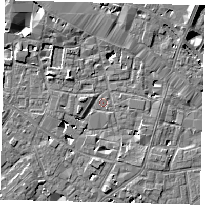 Shaded relief map of the ground around SE13TT, computed from Environment Agency LiDAR. The ground here sits at about 3 m above sea level and falls 9 m across the surrounding 800 m. Surface water reaching this point runs off ground lying to the west-south-west, 4.6 m higher.
