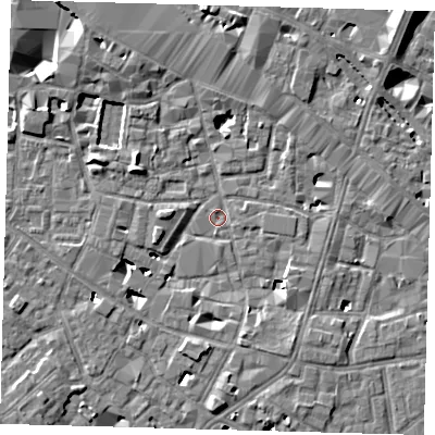Shaded relief map of the ground around SE13TX, computed from Environment Agency LiDAR. The ground here sits at about 2 m above sea level and falls 9 m across the surrounding 800 m. Surface water reaching this point runs off ground lying to the west-south-west, 4.6 m higher.