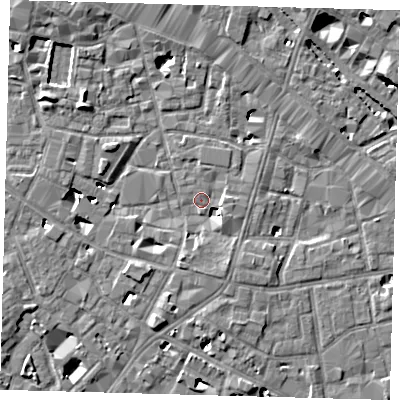 Shaded relief map of the ground around SE13TY, computed from Environment Agency LiDAR. The ground here sits at about 3 m above sea level and falls 6 m across the surrounding 800 m. Surface water reaching this point runs off ground lying to the south-south-east, 3.8 m higher.