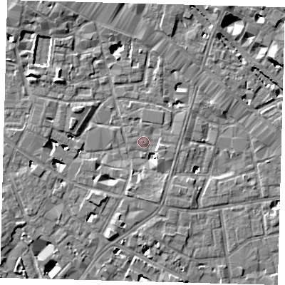 Shaded relief map of the ground around SE13UA, computed from Environment Agency LiDAR. The ground here sits at about 3 m above sea level and falls 7 m across the surrounding 800 m. Surface water reaching this point runs off ground lying to the south-south-east, 3.8 m higher.