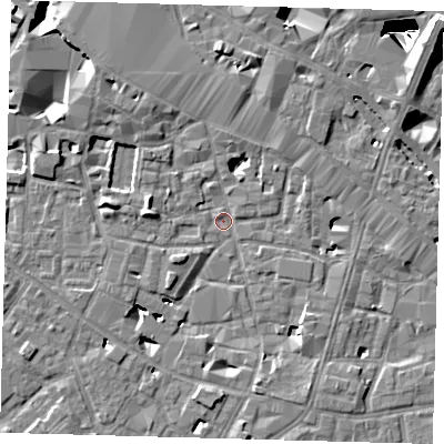 Shaded relief map of the ground around SE13UB, computed from Environment Agency LiDAR. The ground here sits at about 2 m above sea level and falls 29 m across the surrounding 800 m. Surface water reaching this point runs off ground lying to the south-west, 4.7 m higher.