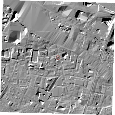 Shaded relief map of the ground around SE13UD, computed from Environment Agency LiDAR. The ground here sits at about 3 m above sea level and falls 28 m across the surrounding 800 m. Surface water reaching this point runs off ground lying to the west-south-west, 5.8 m higher.