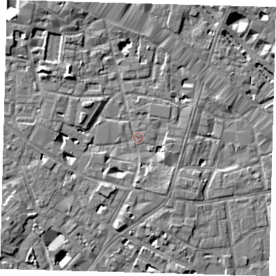 Shaded relief map of the ground around SE13UF, computed from Environment Agency LiDAR. The ground here sits at about 3 m above sea level and falls 6 m across the surrounding 800 m. Surface water reaching this point runs off ground lying to the south-south-east, 3.8 m higher.