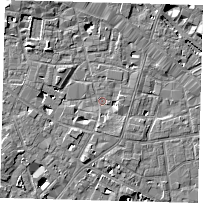 Shaded relief map of the ground around SE13UW, computed from Environment Agency LiDAR. The ground here sits at about 3 m above sea level and falls 9 m across the surrounding 800 m. Surface water reaching this point runs off ground lying to the south-east, 3.8 m higher.