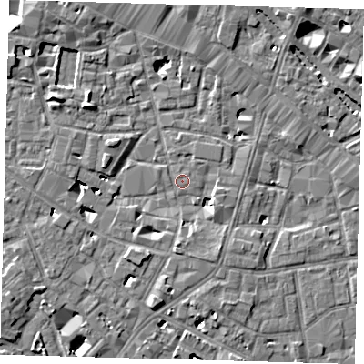 Shaded relief map of the ground around SE13UX, computed from Environment Agency LiDAR. The ground here sits at about 3 m above sea level and falls 7 m across the surrounding 800 m. Surface water reaching this point runs off ground lying to the south-south-east, 3.8 m higher.