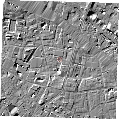 Shaded relief map of the ground around SE13UY, computed from Environment Agency LiDAR. The ground here sits at about 3 m above sea level and falls 8 m across the surrounding 800 m. Surface water reaching this point runs off ground lying to the south, 3.8 m higher.