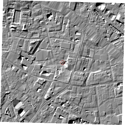 Shaded relief map of the ground around SE13UZ, computed from Environment Agency LiDAR. The ground here sits at about 3 m above sea level and falls 9 m across the surrounding 800 m. Surface water reaching this point runs off ground lying to the south-south-east, 3.8 m higher.