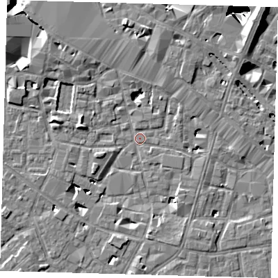 Shaded relief map of the ground around SE13XB, computed from Environment Agency LiDAR. The ground here sits at about 3 m above sea level and falls 29 m across the surrounding 800 m. Surface water reaching this point runs off ground lying to the west-south-west, 4.7 m higher.