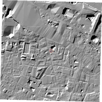 Shaded relief map of the ground around SE13XF, computed from Environment Agency LiDAR. The ground here sits at about 3 m above sea level and falls 29 m across the surrounding 800 m. Surface water reaching this point runs off ground lying to the west-south-west, 5.6 m higher.
