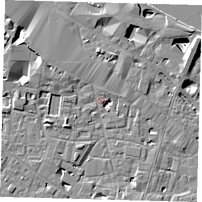 Shaded relief map of the ground around SE13XG, computed from Environment Agency LiDAR. The ground here sits at about 3 m above sea level and falls 29 m across the surrounding 800 m. Surface water reaching this point runs off ground lying to the north-north-east, 4.9 m higher.