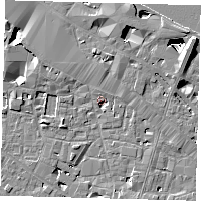 Shaded relief map of the ground around SE13XH, computed from Environment Agency LiDAR. The ground here sits at about 3 m above sea level and falls 29 m across the surrounding 800 m. Surface water reaching this point runs off ground lying to the north-north-east, 4.9 m higher.