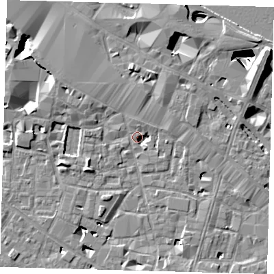 Shaded relief map of the ground around SE13XJ, computed from Environment Agency LiDAR. The ground here sits at about 3 m above sea level and falls 29 m across the surrounding 800 m. Surface water reaching this point runs off ground lying to the north-north-east, 4.9 m higher.
