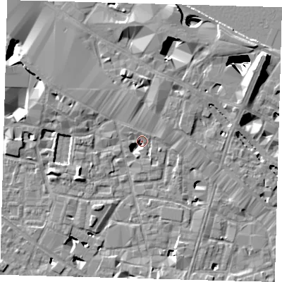 Shaded relief map of the ground around SE13XL, computed from Environment Agency LiDAR. The ground here sits at about 3 m above sea level and falls 29 m across the surrounding 800 m. Surface water reaching this point runs off ground lying to the north, 7.2 m higher.