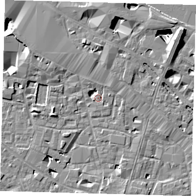 Shaded relief map of the ground around SE13XN, computed from Environment Agency LiDAR. The ground here sits at about 3 m above sea level and falls 29 m across the surrounding 800 m. Surface water reaching this point runs off ground lying to the north-north-east, 7.3 m higher.