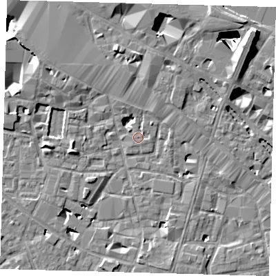 Shaded relief map of the ground around SE13XW, computed from Environment Agency LiDAR. The ground here sits at about 3 m above sea level and falls 29 m across the surrounding 800 m. Surface water reaching this point runs off ground lying to the north-north-east, 7.3 m higher.
